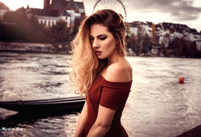 women, blonde, river, tattoo, nose rings, depth of field, portrait, women o ...