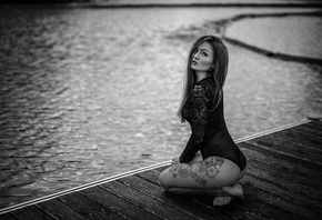 women, pier, tattoo, ass, kneeling, water, black lingerie, monochrome, wome ...