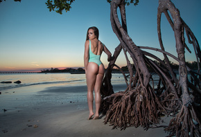 women, tanned, sunset, ass, back, sand, sea, women outdoors, one-piece swimsuit, water drops, trees