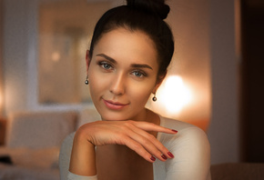 women, face, portrait, smiling, depth of field, red nails