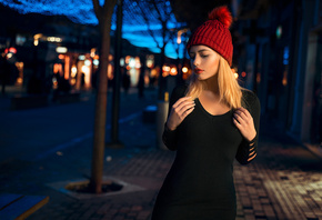 women, blonde, portrait, depth of field, red lipstick, black dress