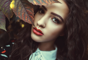 women, face, portrait, red lipstick, leaves