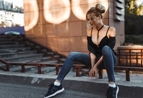 women, blonde, hairbun, portrait, sitting, sneakers, jeans, women outdoors, ...