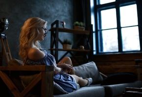 women, blonde, blue dress, portrait, women with glasses, couch, sitting, brunette, sneakers, looking away