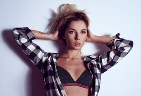 Marina Nelson, women, bra, blonde, portrait, shirt, tanned, tattoo