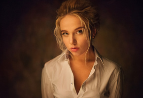 women, Maria Popova, blonde, Maxim Maximov, portrait, face, white shirt