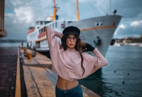 women, belly, ship, gloves, portrait, depth of field, women outdoors, women ...