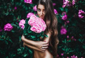 women, tanned, flowers, long hair, smiling, red nails, pink flowers, strate ...