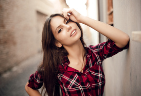 women, face, portrait, shirt, depth of field, smiling