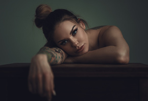 women, face, portrait, tattoo, blue eyes