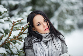 Angelina Petrova, women, snow, scarf, Denis Petrov, depth of field, women o ...