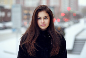 women, smiling, depth of field, portrait, snow, sweater