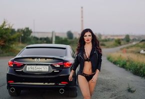 women, road, brunette, black lingerie, red lipstick, women outdoors, women  ...