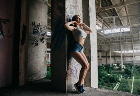 women, jean shorts, belly, armpits, sneakers, closed eyes, abandoned, tank  ...
