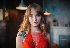 women, Anastasia Scheglova, blonde, red dress, tattoo, portrait, depth of field