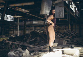 women, ass, shoes, abandoned, monokinis, brunette