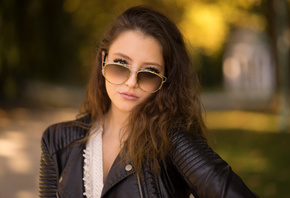 women, sunglasses, portrait, leather jackets, depth of field