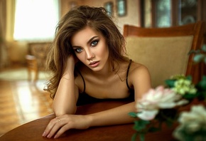 women, portrait, depth of field, chair, table, flowers