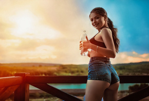 women, bottles, tanned, ass, smiling, jean shorts, Black top, depth of field, portrait