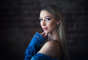 women, blonde, face, portrait, long hair, depth of field, bricks, brunette, denim