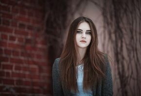 women, face, blue eyes, depth of field, bricks, portrait