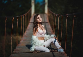 women, sitting, closed eyes, sneakers, bra, fur, brunette, depth of field, women outdoors, bridge, necklace, jeans