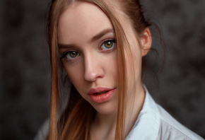 women, face, portrait, redhead, white shirt, depth of field