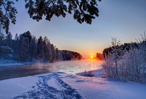 snow, river, , landscape, white, sunset, sky, , scenery, , co ...