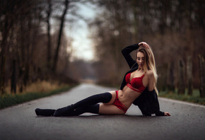 women, blonde, road, brunette, sitting, red lingerie, belly, trees, depth o ...