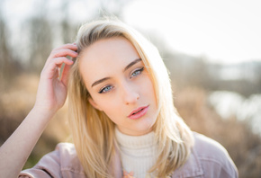 women, blonde, face, portrait, depth of field, women outdoors, blue eyes