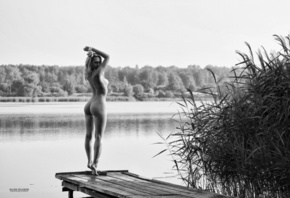 Daria Viacheslavovna, women, river, nude, ass, pier, back, boobs, nipples,  ...