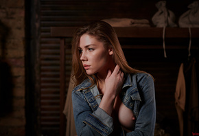 women, portrait, denim, boobs, nipples, looking away, eyeliner