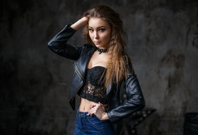 women, Maksim Romanov, belly, portrait, leather jackets, choker