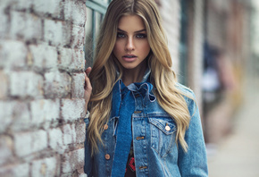 women, blonde, portrait, denim, face, bricks, blue eyes, depth of field