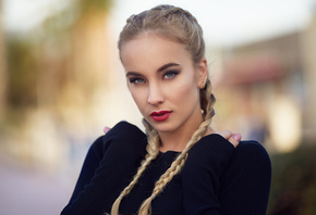 women, blonde, pink nails, pigtails, depth of field, red lipstick, portrait