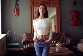 women, jeans, portrait, chair, couch, mirror, depth of field, belly