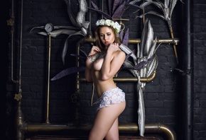 women, crown, flowers, white lingerie, ass, tattoo, boobs, nipples, belly,  ...
