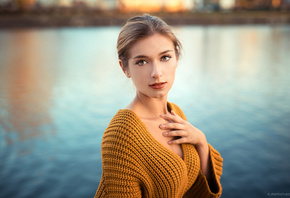 women, blonde, red lipstick, river, depth of field, portrait, women outdoor ...