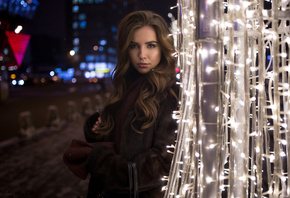 women, portrait, fur, bokeh, painted nails