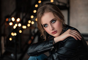 women, portrait, leather jackets, bokeh, blue eyes