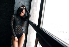 women, window, tanned, black hair, bricks, black lingerie, see-through clot ...