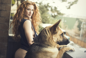 women, ass, dog, sideboob, depth of field, boobs, animals, wavy hair, nose rings, balcony