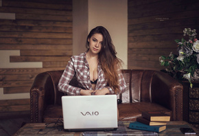 women, plaid shirt, VAIO, laptop, black bras, couch, portrait, sitting, smi ...