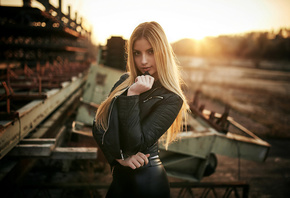 women, blonde, portrait, leather jackets, depth of field, women outdoors, b ...