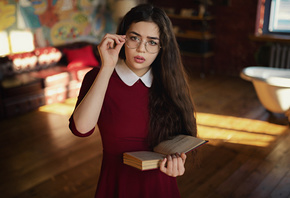 women, portrait, Sergey Fat, books, women with glasses