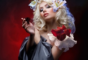 butterfly, makeup, hairstyle, white, beauty, blonde, red, background, Lily, flowers, pose