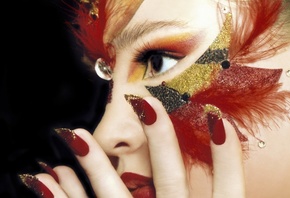 style, look, feathers, manicure, hand, face, makeup, girl