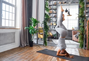 pose, room, on the head, flexible, stand, figure, brown hair, Mike, leggings, girl, fitness, Mat, yoga