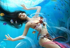mermaid, mermaid, GBrush, Goddess of water, Dehong He, sea, fish, fantasy,  ...