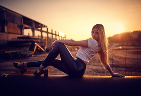 women, blonde, sitting, sunset, depth of field, women outdoors, portrait